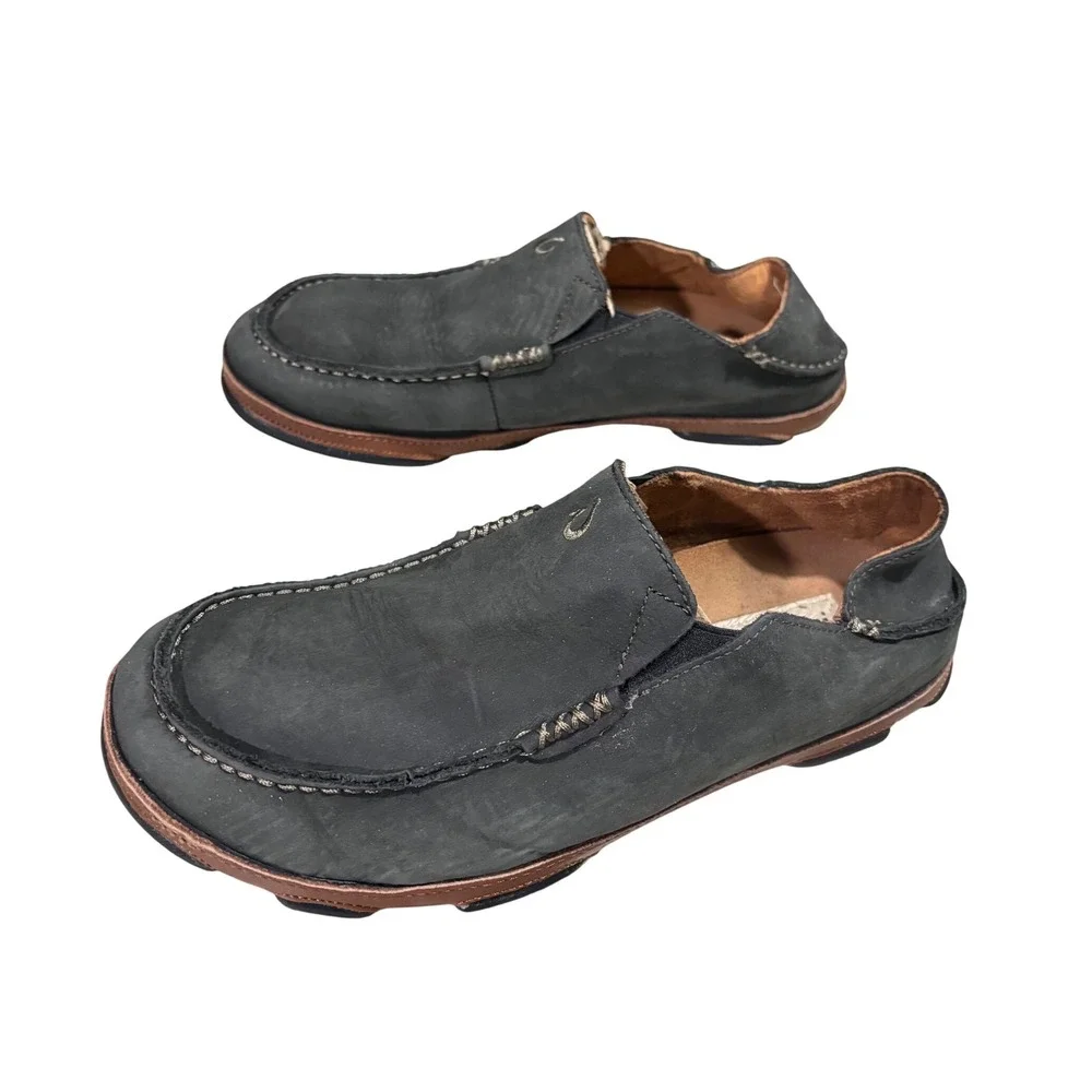 Olukai Moloa Shoes 9.5 Charcoal Grey Leather Slip On Drop In Heel Loafer - Picture 4 of 6